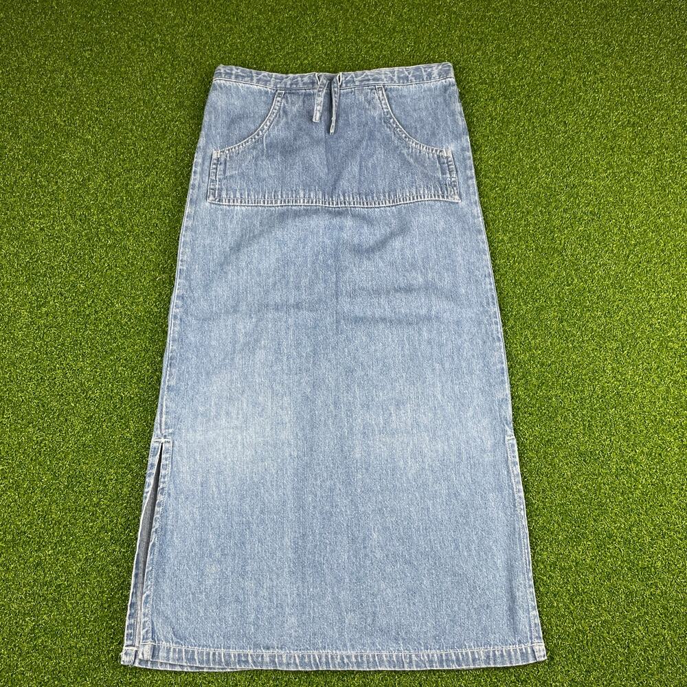 Vintage Copper Key Medium Wash Denim Side Slit Front Pocket Maxi Skirt Sz M